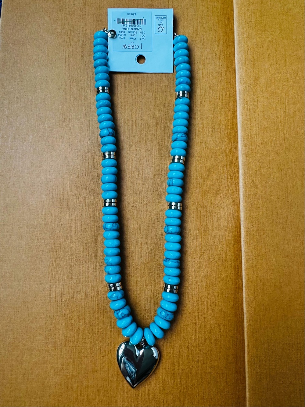 J. Crew Bright Turquoise Beaded Necklace with Gold Heart Charm